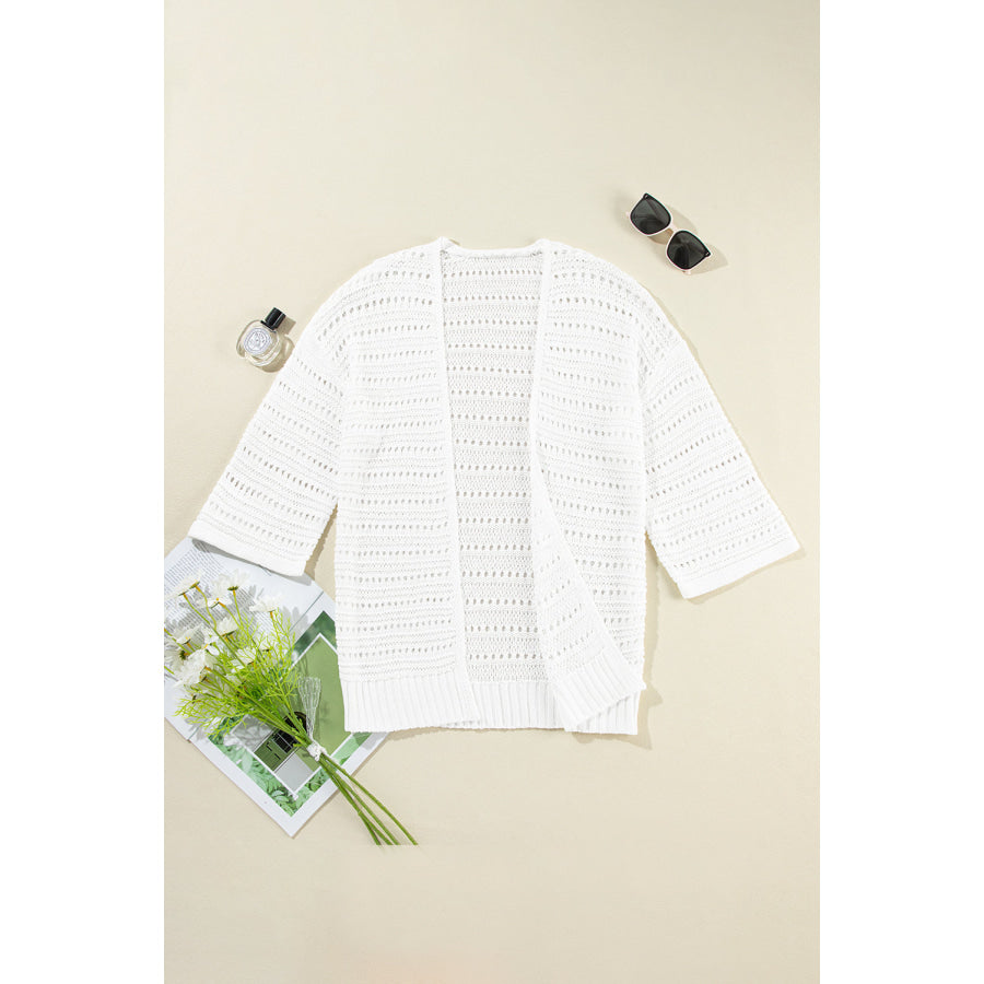 Openwork Open Front Long Sleeve Cardigan White / S Apparel and Accessories