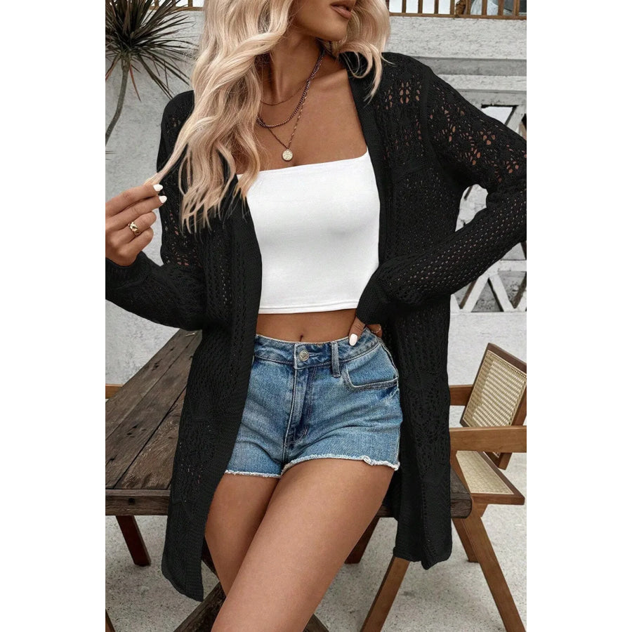 Openwork Open Front Long Sleeve Cardigan Apparel and Accessories