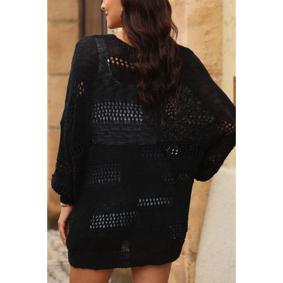 Openwork Open Front Long Sleeve Cardigan Apparel and Accessories