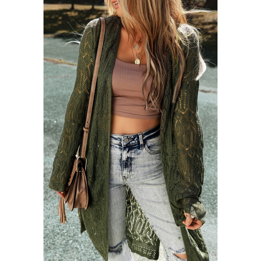 Openwork Open Front Long Sleeve Cardigan Army Green / S Apparel and Accessories