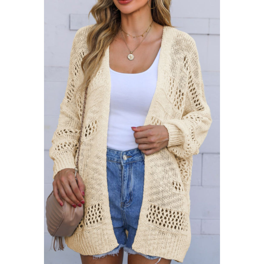 Openwork Open Front Long Sleeve Cardigan Beige / S Apparel and Accessories