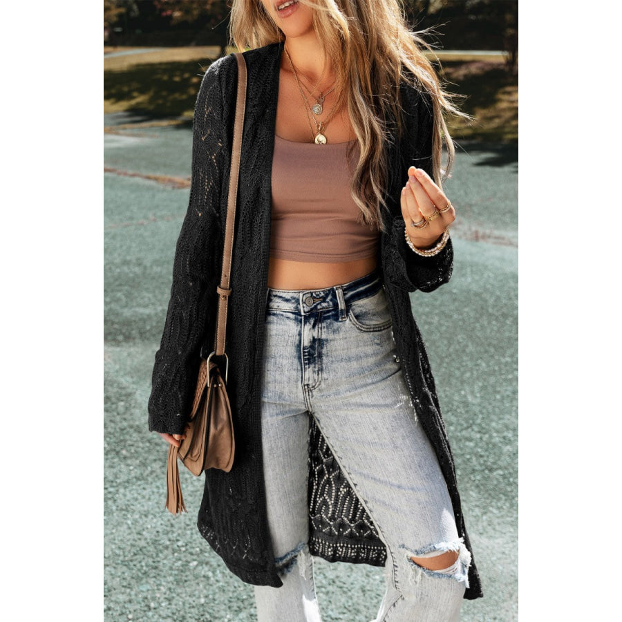 Openwork Open Front Long Sleeve Cardigan Black / S Apparel and Accessories