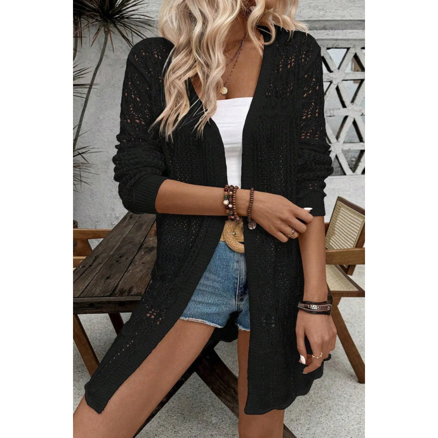 Openwork Open Front Long Sleeve Cardigan Black / S Apparel and Accessories