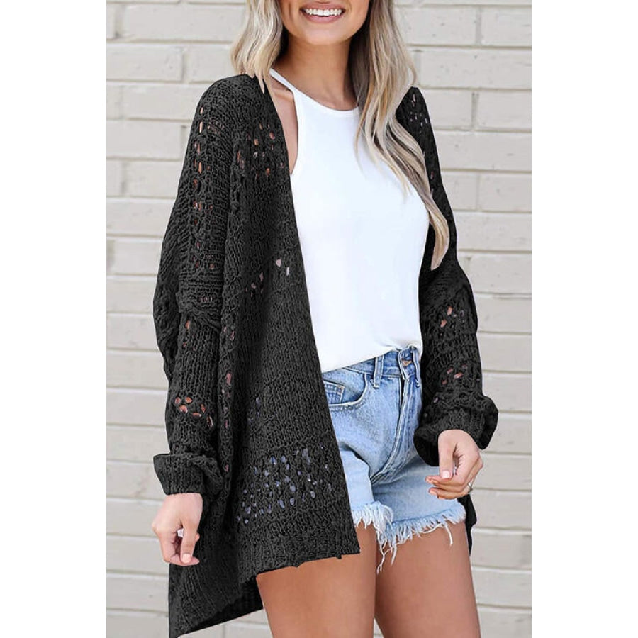 Openwork Open Front Long Sleeve Cardigan Black / S