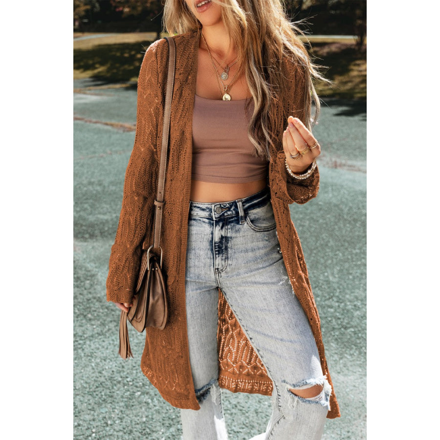 Openwork Open Front Long Sleeve Cardigan Brown / S Apparel and Accessories