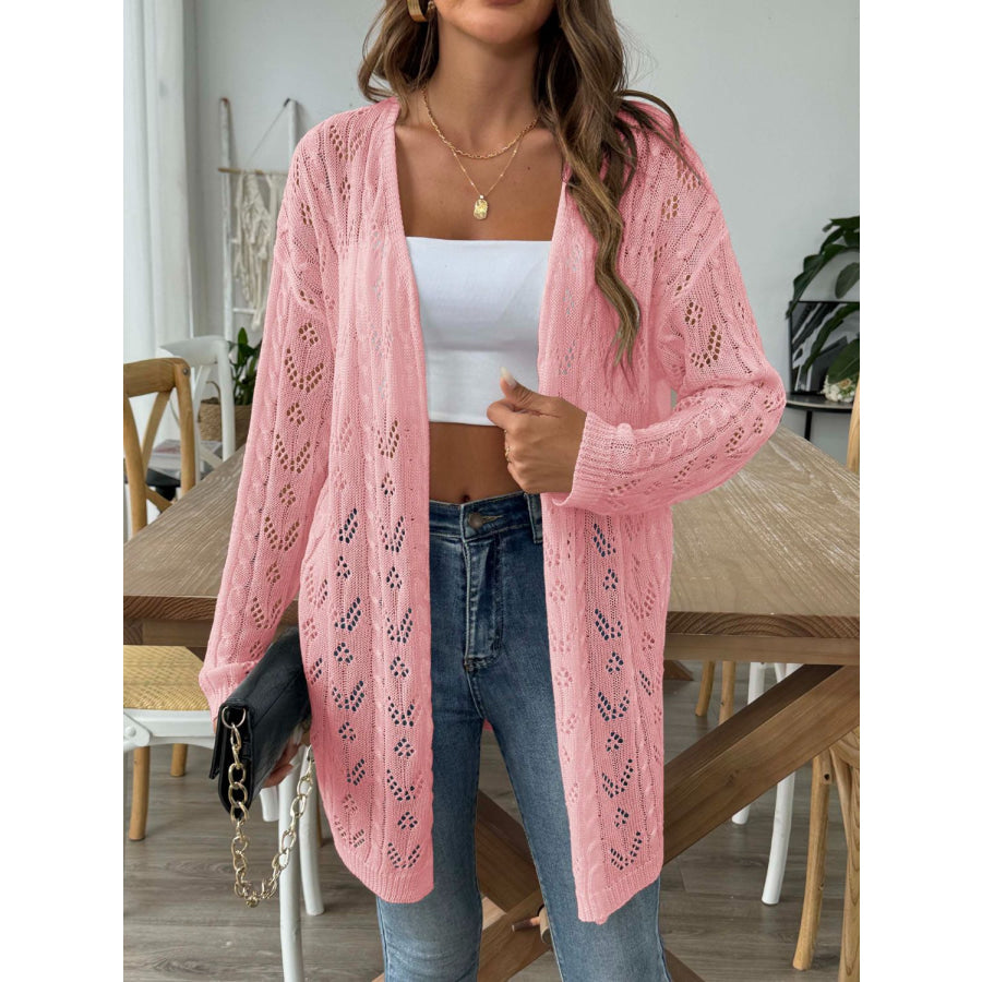 Openwork Open Front Long Sleeve Cardigan Burnt Coral / One Size Apparel and Accessories