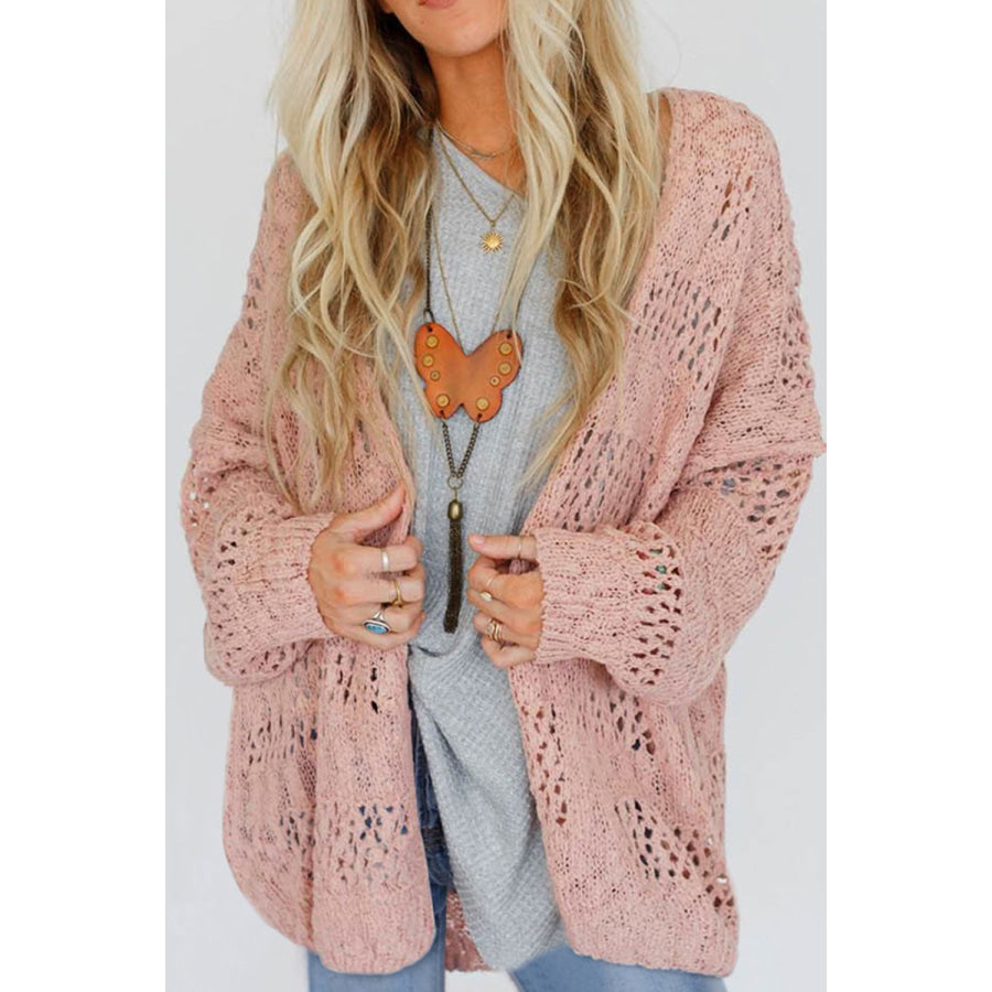 Openwork Open Front Long Sleeve Cardigan Dusty Pink / S Apparel and Accessories