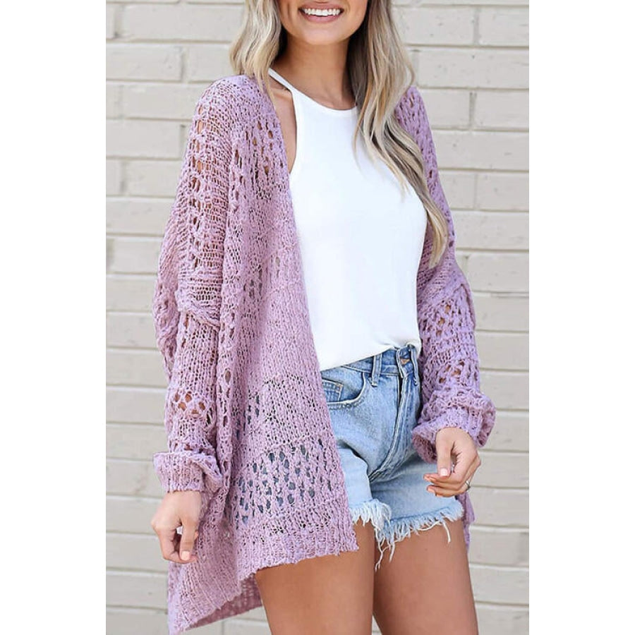 Openwork Open Front Long Sleeve Cardigan Lavender / S