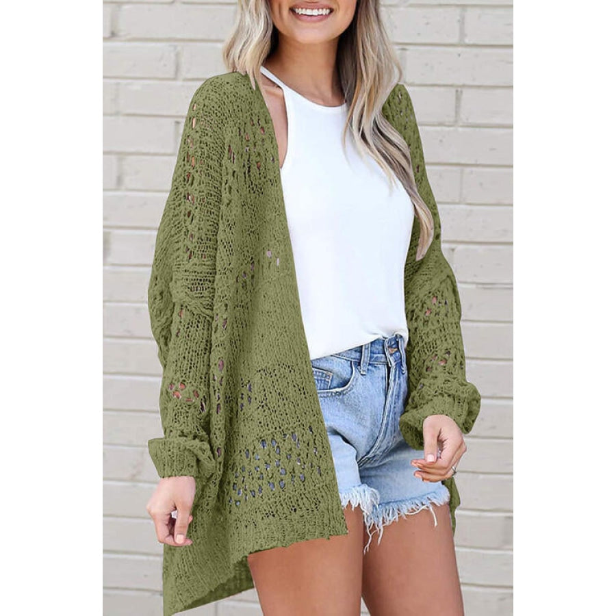 Openwork Open Front Long Sleeve Cardigan Matcha Green / S