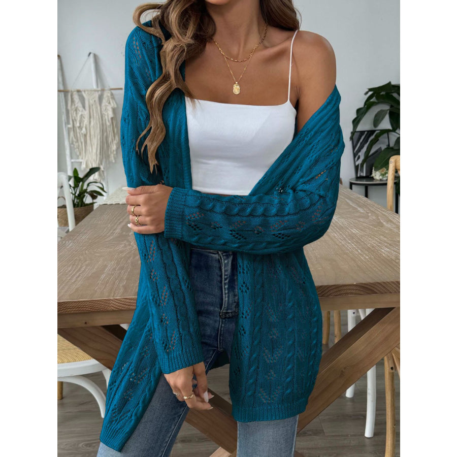 Openwork Open Front Long Sleeve Cardigan Peacock Blue / One Size Apparel and Accessories