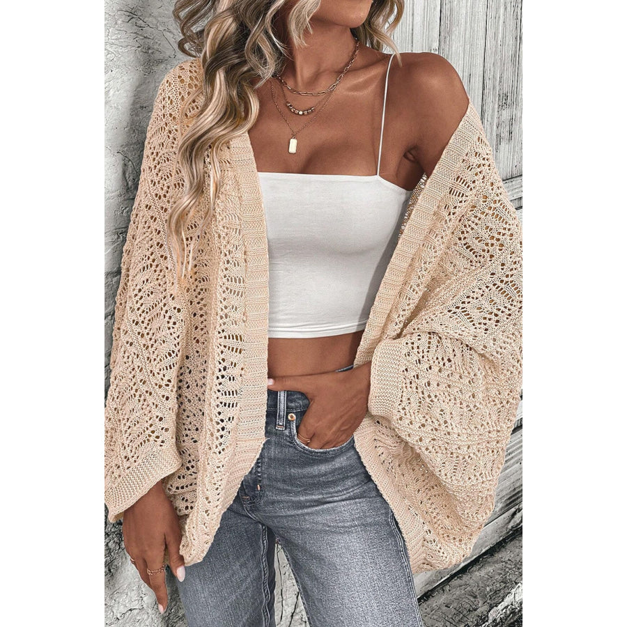 Openwork Open Front Long Sleeve Cardigan Tan / S Apparel and Accessories