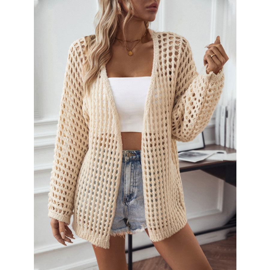 Openwork Open Front Long Sleeve Cardigan Tan / S Apparel and Accessories