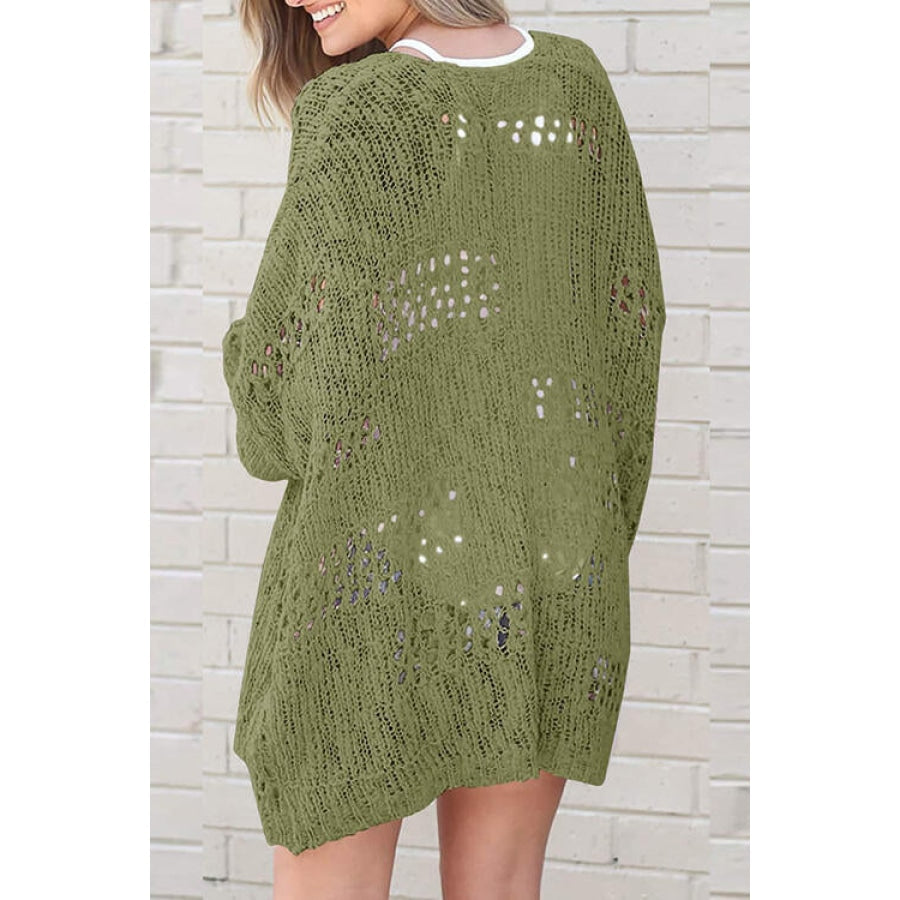 Openwork Open Front Long Sleeve Cardigan Matcha Green / S