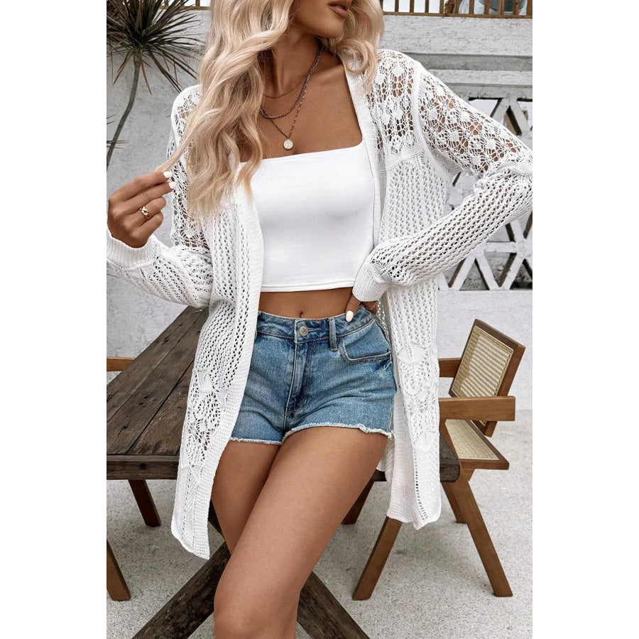 Openwork Open Front Long Sleeve Cardigan White / S Apparel and Accessories