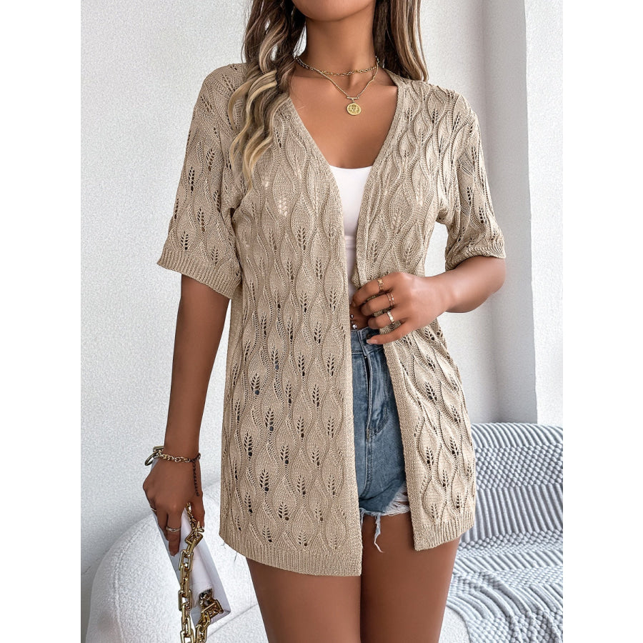 Openwork Open Front Short Sleeve Cardigan Apparel and Accessories