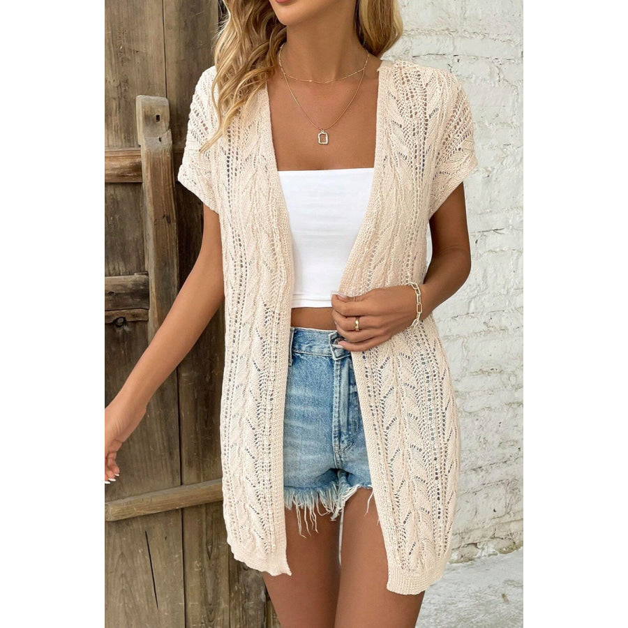 Openwork Open Front Short Sleeve Cardigan Apparel and Accessories