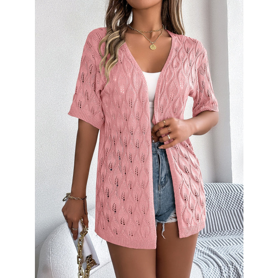 Openwork Open Front Short Sleeve Cardigan Apparel and Accessories