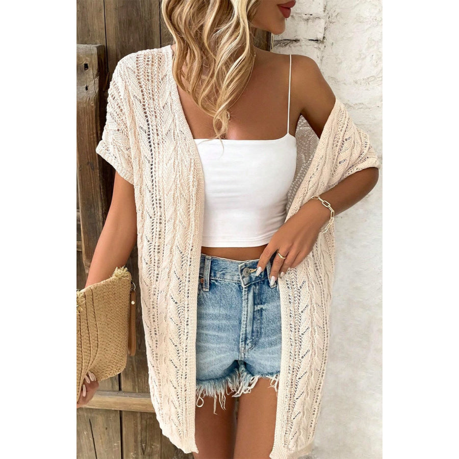 Openwork Open Front Short Sleeve Cardigan Apparel and Accessories