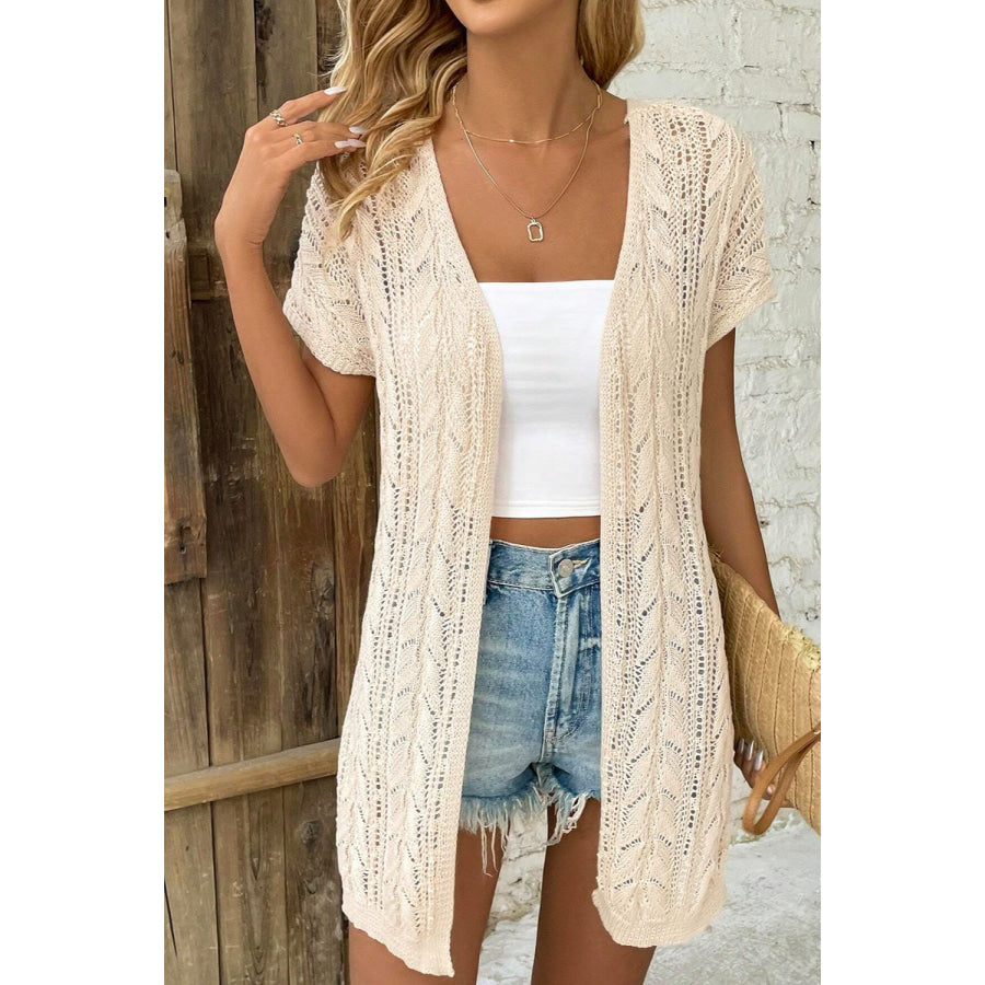 Openwork Open Front Short Sleeve Cardigan Beige / S Apparel and Accessories