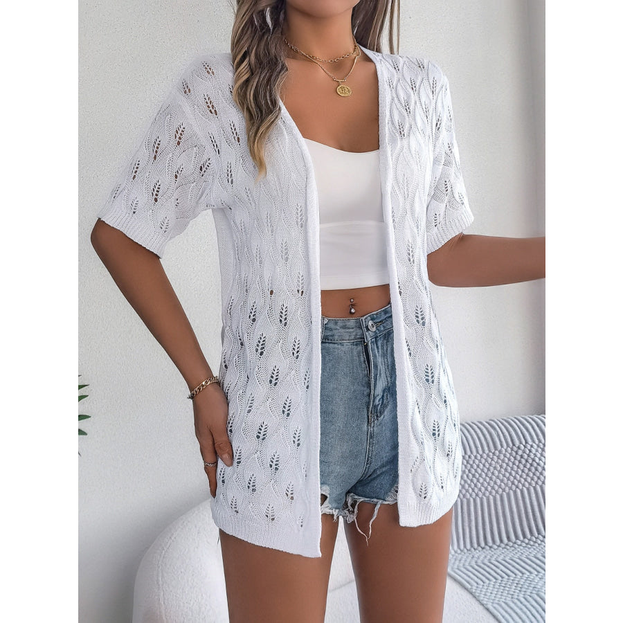 Openwork Open Front Short Sleeve Cardigan White / S Apparel and Accessories