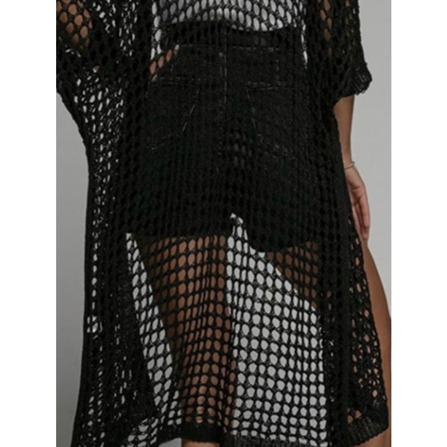 Openwork Open Front Three-Quarter Sleeve Cover Up Apparel and Accessories