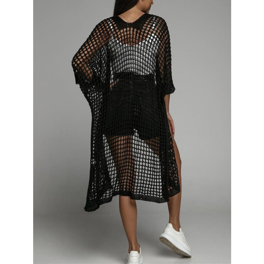 Openwork Open Front Three-Quarter Sleeve Cover Up Black / S Apparel and Accessories