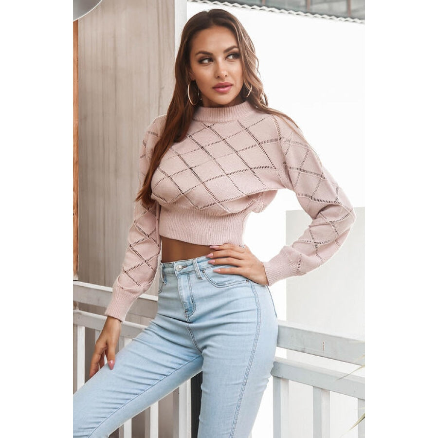 Openwork Plaid Round Neck Cropped Sweater Blush Pink / S Women’s Fashion Clothing