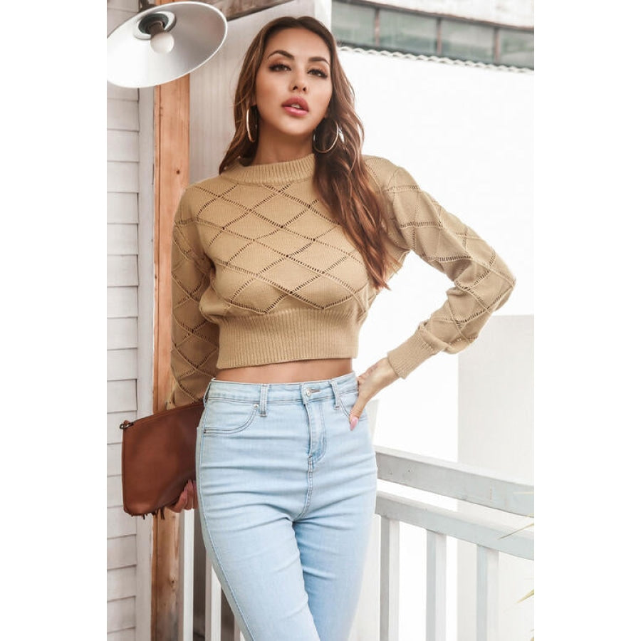 Openwork Plaid Round Neck Cropped Sweater Camel / S Women’s Fashion Clothing