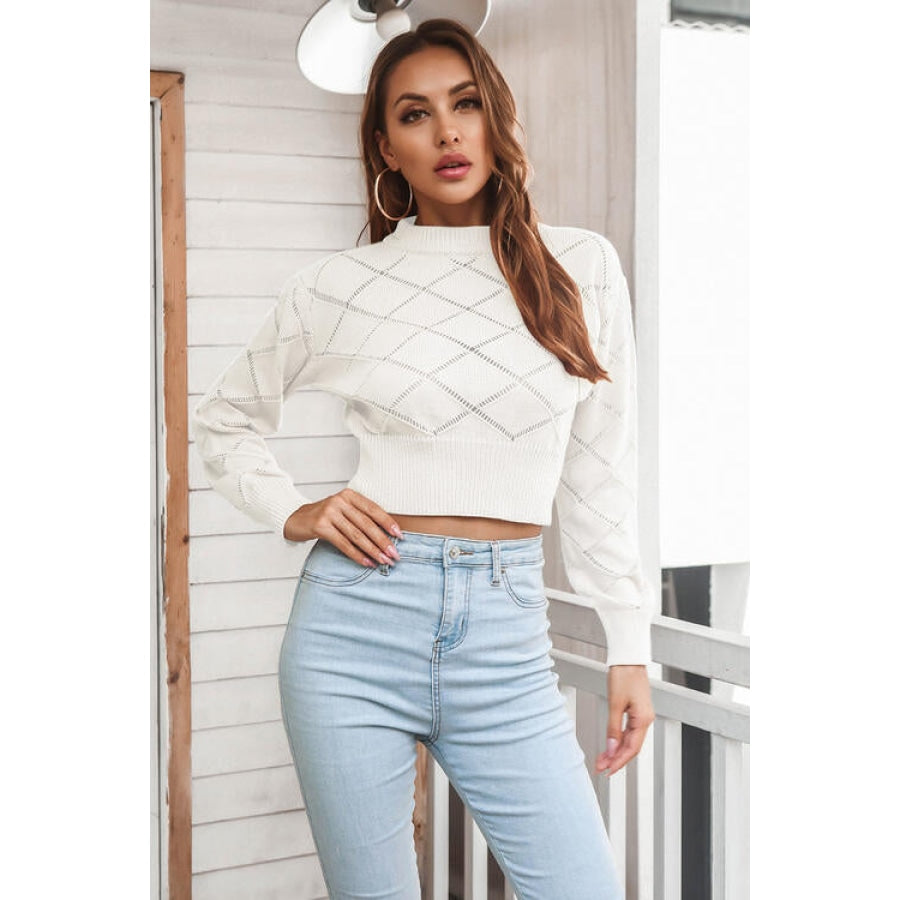 Openwork Plaid Round Neck Cropped Sweater White / S Women’s Fashion Clothing