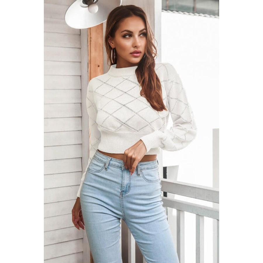 Openwork Plaid Round Neck Cropped Sweater Women’s Fashion Clothing