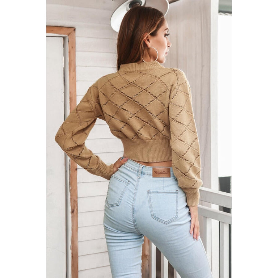 Openwork Plaid Round Neck Cropped Sweater Camel / S Women’s Fashion Clothing