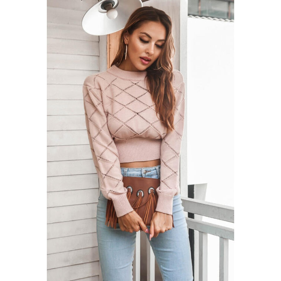 Openwork Plaid Round Neck Cropped Sweater Women’s Fashion Clothing