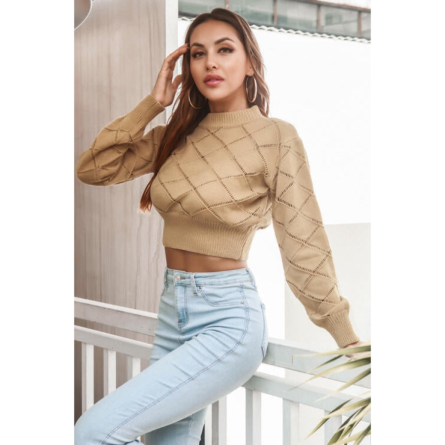 Openwork Plaid Round Neck Cropped Sweater Women’s Fashion Clothing