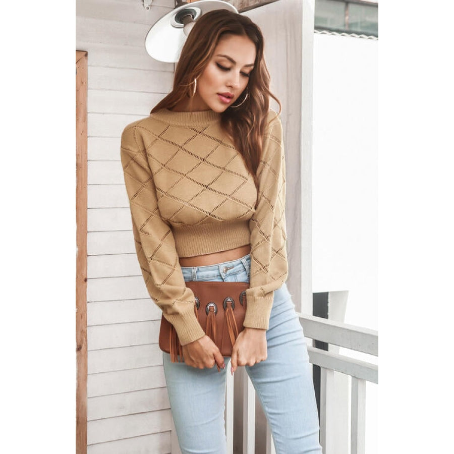 Openwork Plaid Round Neck Cropped Sweater Women’s Fashion Clothing