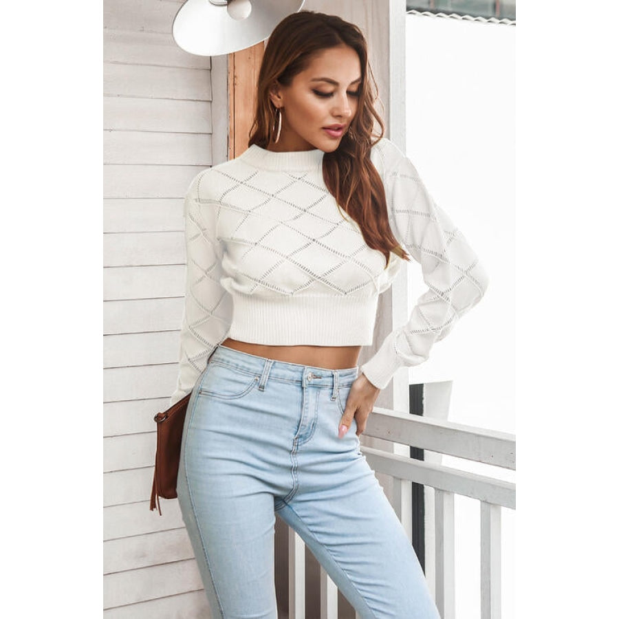 Openwork Plaid Round Neck Cropped Sweater Women’s Fashion Clothing