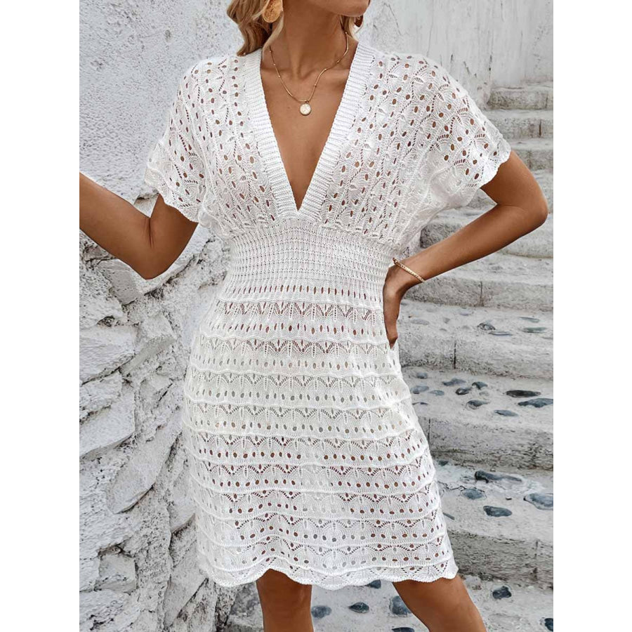 Openwork Plunge Short Sleeve Cover - Up Dress Apparel and Accessories