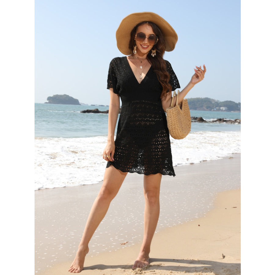 Openwork Plunge Short Sleeve Cover - Up Dress Apparel and Accessories