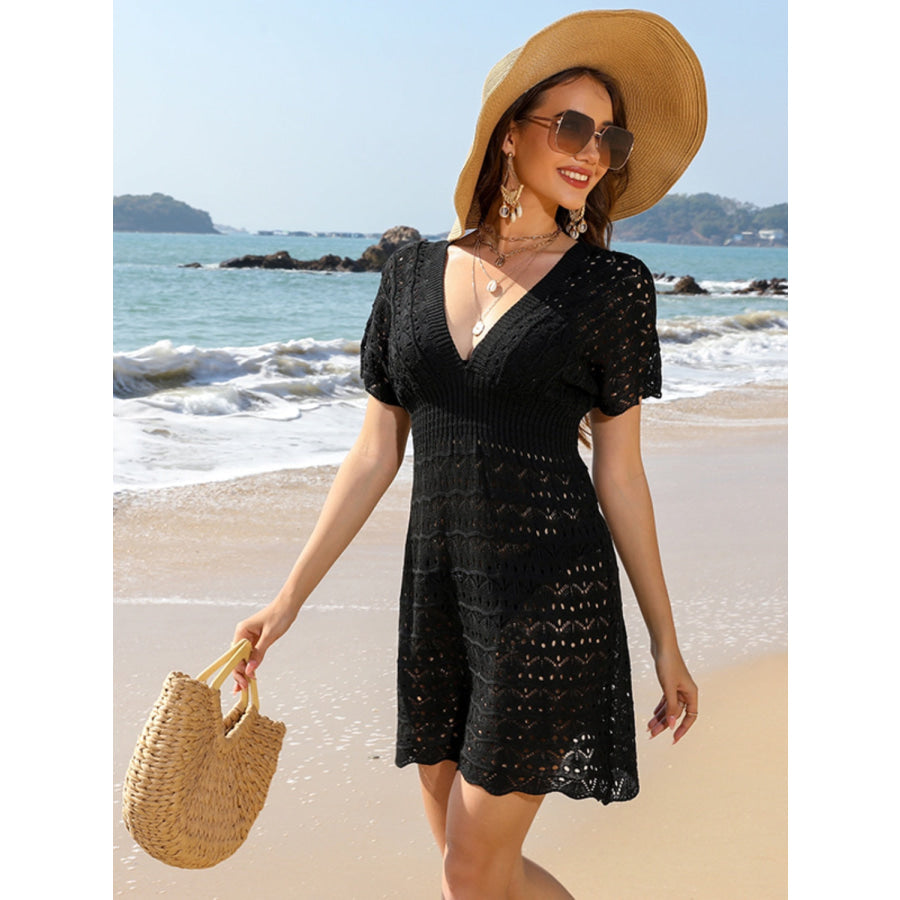 Openwork Plunge Short Sleeve Cover - Up Dress Apparel and Accessories