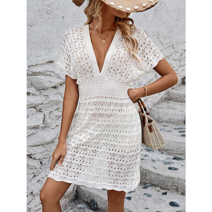 Openwork Plunge Short Sleeve Cover - Up Dress White / S Apparel and Accessories