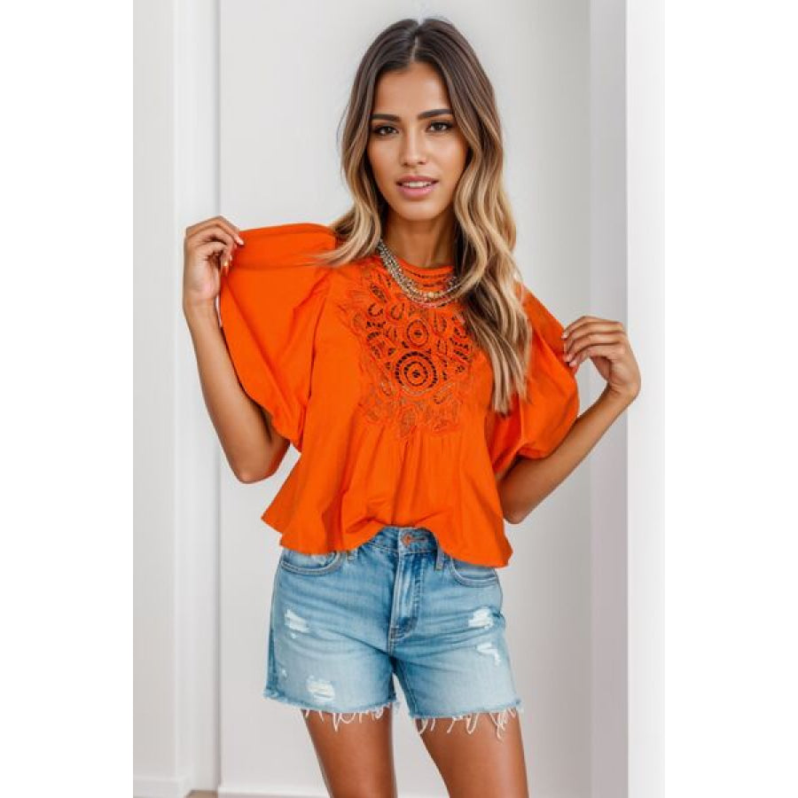 Openwork Round Neck Balloon Sleeve Blouse Apparel and Accessories