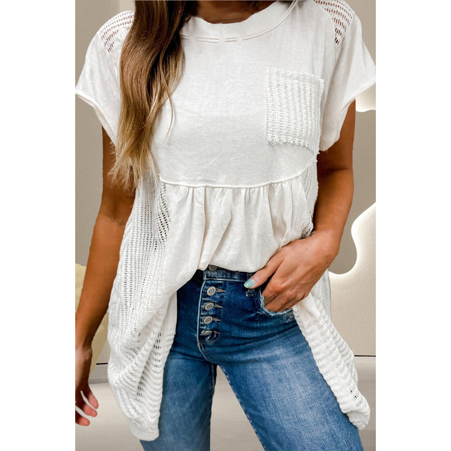 Openwork Round Neck Cap Sleeve Blouse White / S Apparel and Accessories