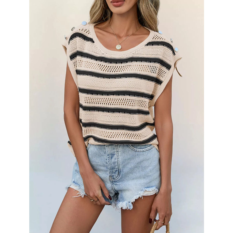 Openwork Round Neck Cap Sleeve Knit Top Apparel and Accessories