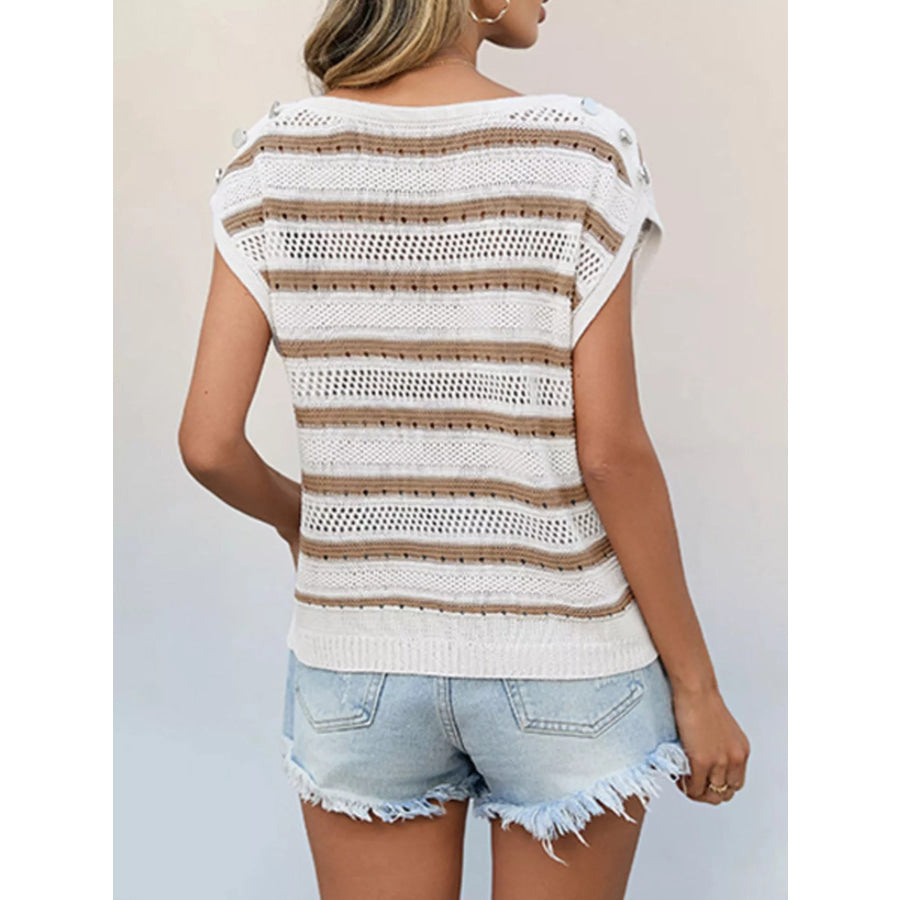 Openwork Round Neck Cap Sleeve Knit Top Apparel and Accessories