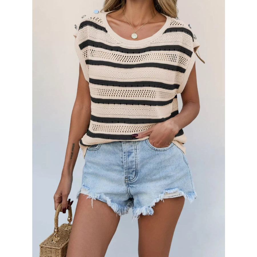 Openwork Round Neck Cap Sleeve Knit Top Black / S Apparel and Accessories