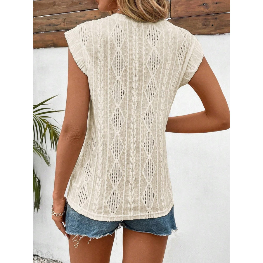 Openwork Round Neck Cap Sleeve Top Apparel and Accessories