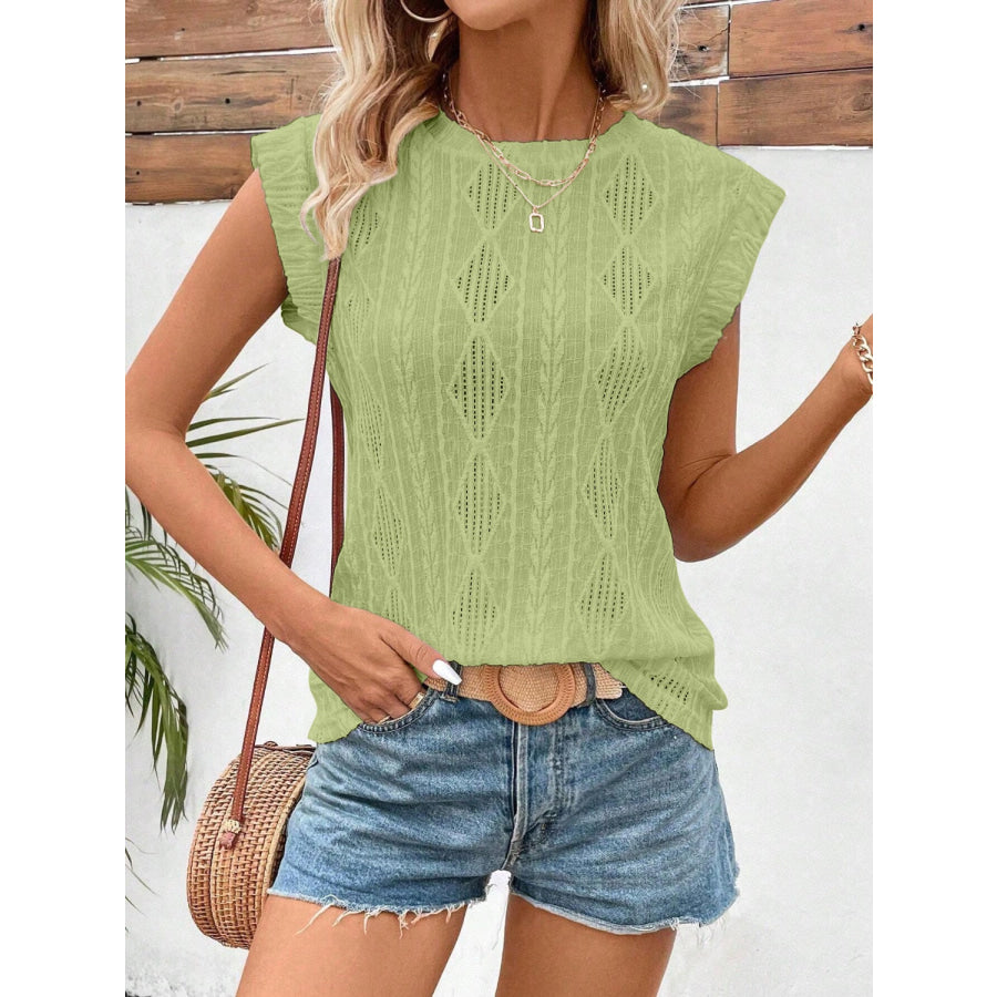 Openwork Round Neck Cap Sleeve Top Apparel and Accessories