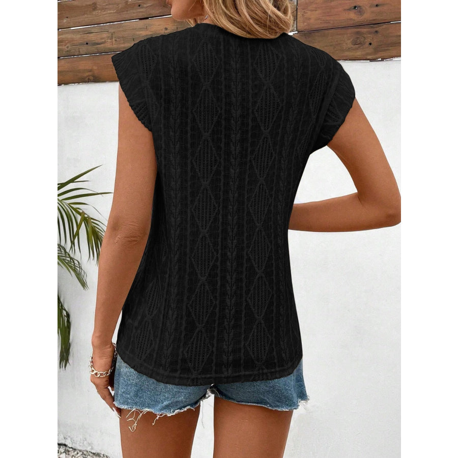 Openwork Round Neck Cap Sleeve Top Apparel and Accessories