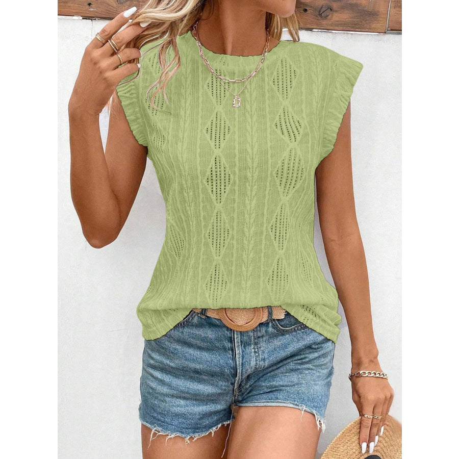 Openwork Round Neck Cap Sleeve Top Apparel and Accessories