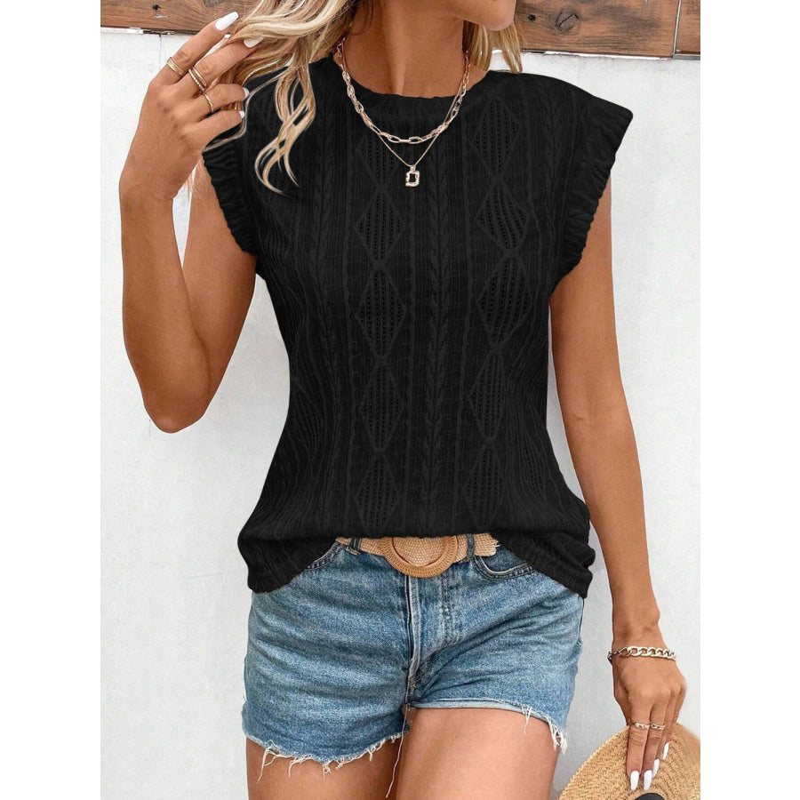 Openwork Round Neck Cap Sleeve Top Apparel and Accessories