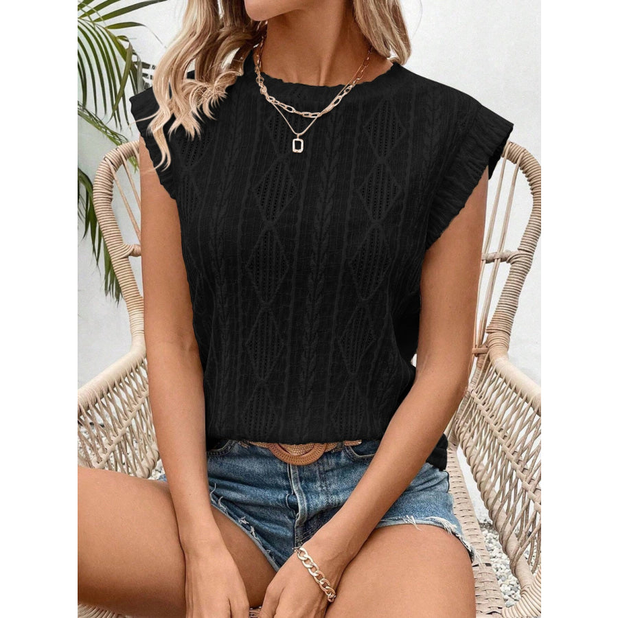 Openwork Round Neck Cap Sleeve Top Apparel and Accessories